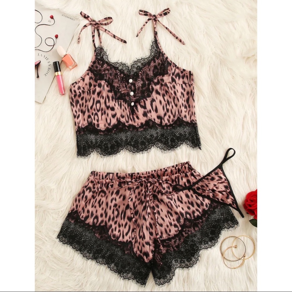 Pink satin leopard print pj set